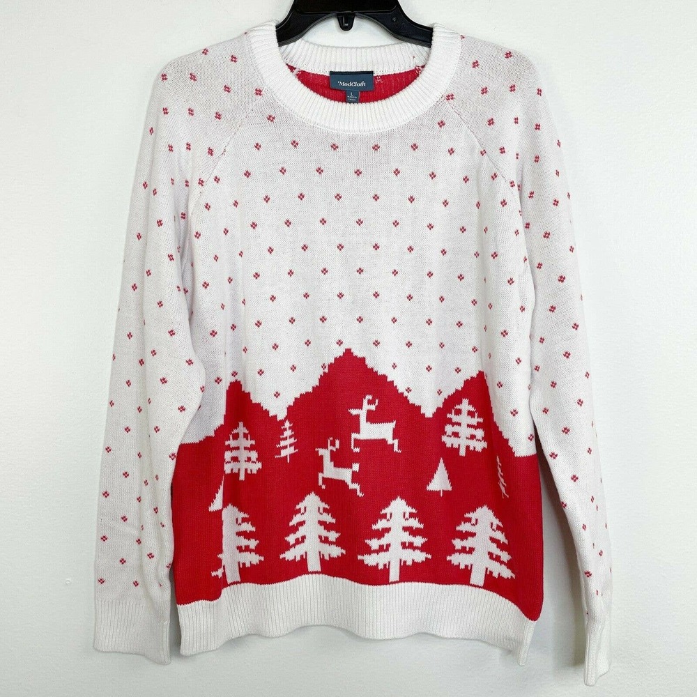 ModCloth White and Red Holiday Crewneck Sweater